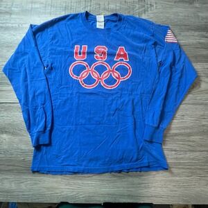 USA Olympics Long Sleeve Shirt Mens Medium Blue Graphic Tee Flag Patch Vintage